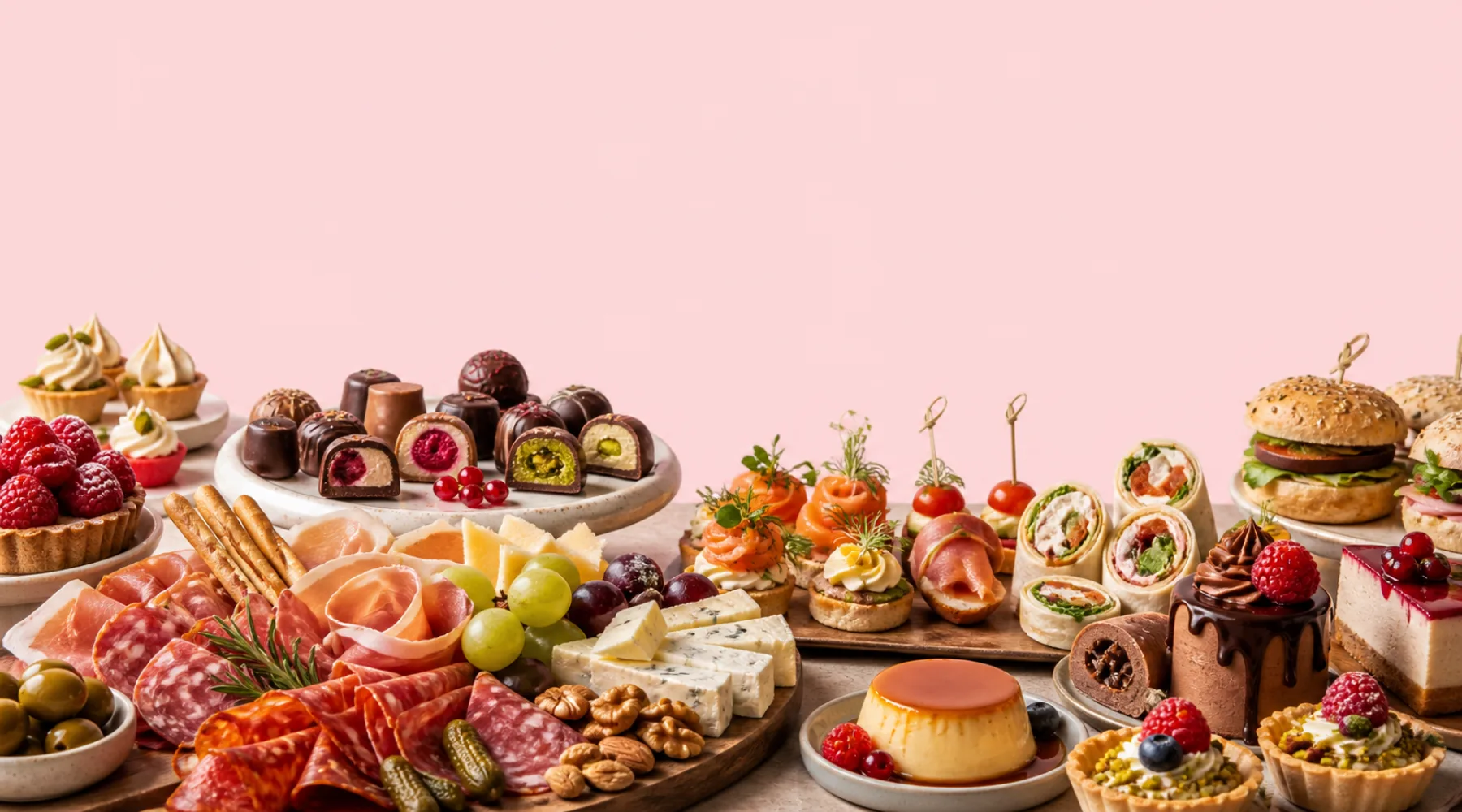 Mesa con una selección de repostería, charcutería y bocadillos DELIHOUSE