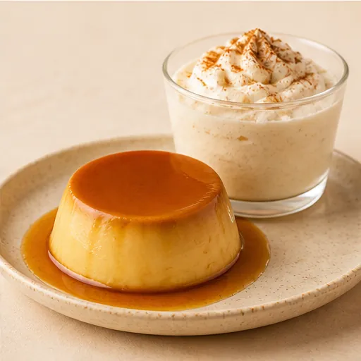 Composición provisional de un flan servido como postre